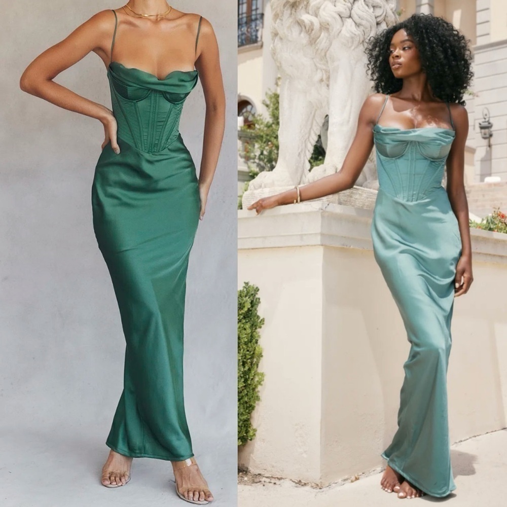 NEW! House of CB- Green Forest Charmaine Corset Maxi Dress Silk Satin Size XS
